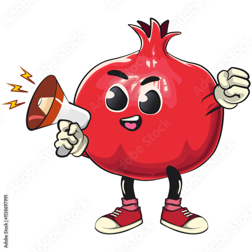 Cute Kawaii Pomegranate character, vector hand drawn cartoon isolated icon illustration shouting with a loudspeaker, work of hand drawn