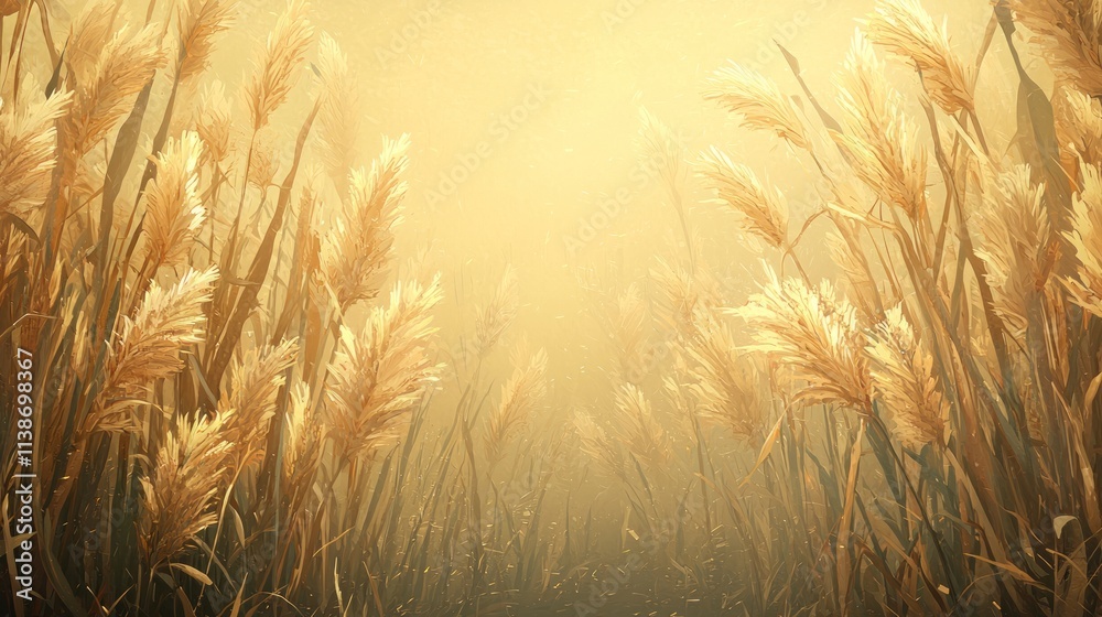 A serene landscape of golden grass swaying in a soft, hazy atmosphere. A serene landscape of golden grass swaying in a soft, hazy atmosphere.