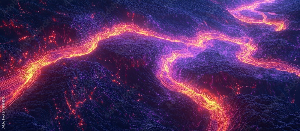 Fototapeta premium Aerial view of glowing lava flowing through a dark, rocky landscape.