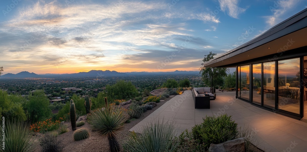 Sunset in Arizona - cactus silhouette, mountain panorama, urban neighborhood, vibrant horizon, desert atmosphere, tranquil housing, evening radiance, scenic view, stunning natural surroundings. Sunset in Arizona - cactus silhouette, mountain panorama, urban neighborhood, vibrant horizon, desert atmosphere, tranquil housing, evening radiance, scenic view, stunning natural surroundings.