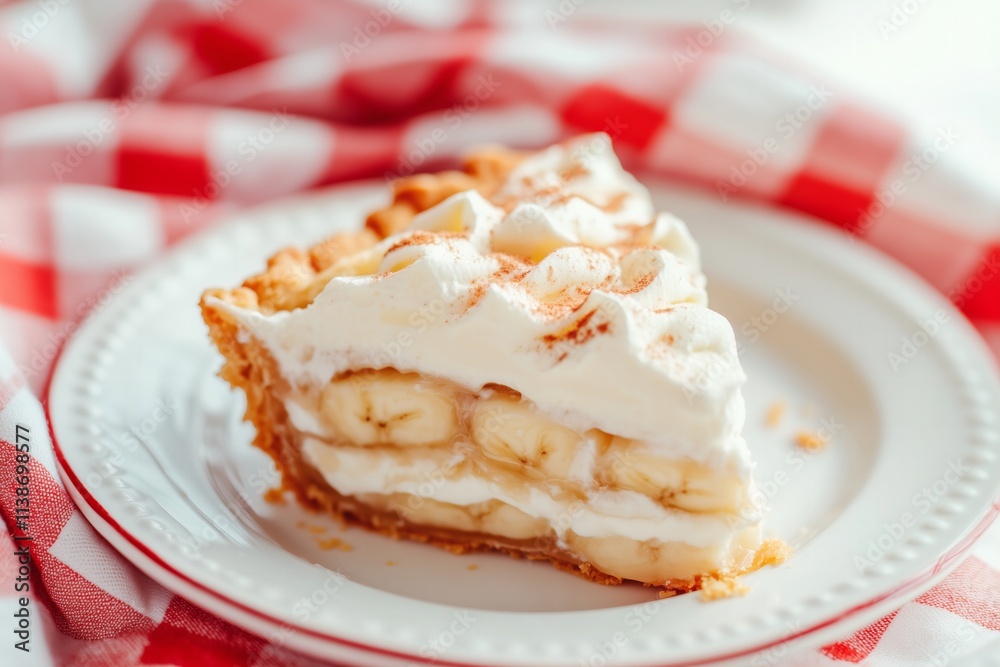 National Banana Cream Pie Day banana cream pie slice showing layers of buttery crust, creamy banana filling, and whipped cream, served on a white plate with a red and white gingham cloth March 2 National Banana Cream Pie Day banana cream pie slice showing layers of buttery crust, creamy banana filling, and whipped cream, served on a white plate with a red and white gingham cloth March 2
