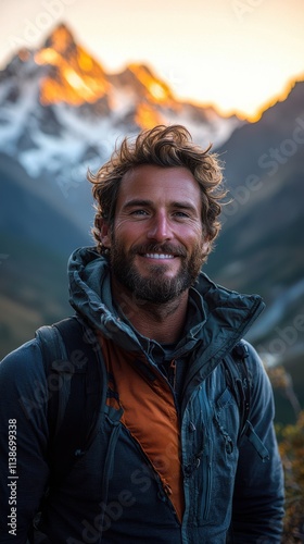 Mountain adventurer smiling at sunset in breathtaking alpine landscape filled with snow-capped peaks and warm colors. Generative AI