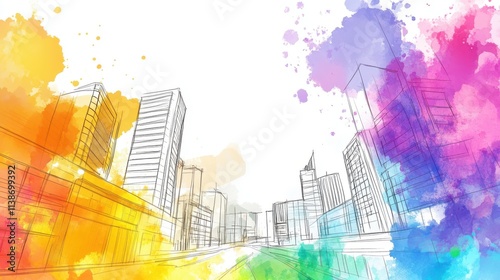 Vibrant Hand-Drawn Cityscape Illustration with Copy Space