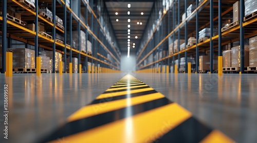 Warehouse aisle with yellow and black striped path and tall storage shelves. Logistics concept