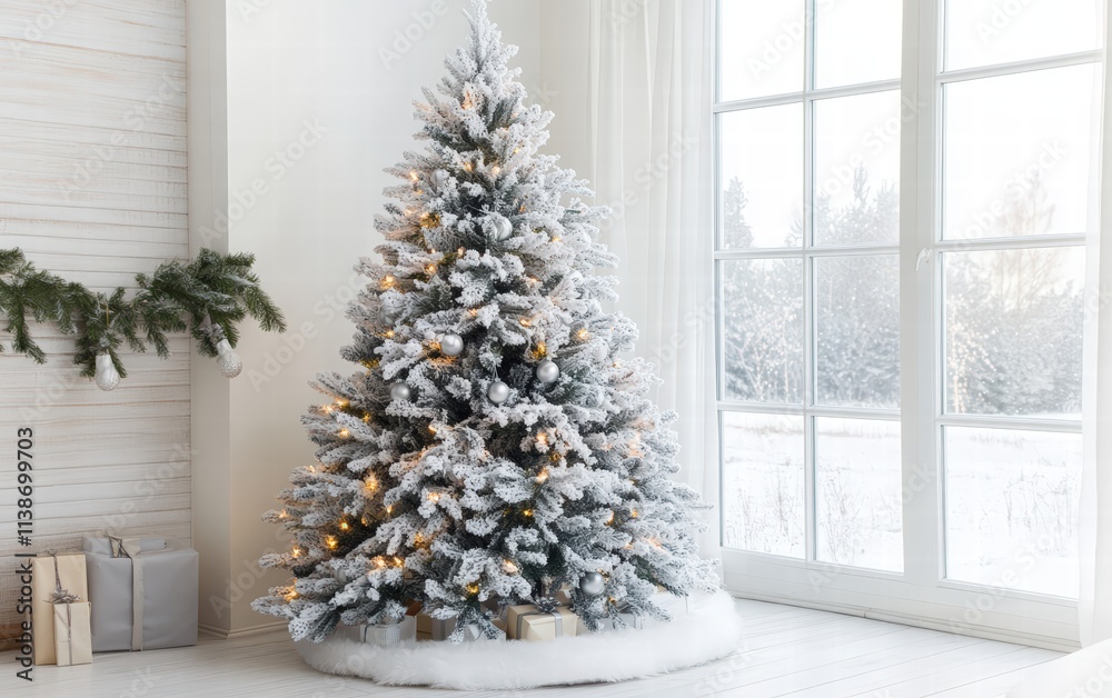 Chic modern living area with a frosty Christmas tree, lightly sprinkled with white lights and silver garlands, placed near bright open windows Chic modern living area with a frosty Christmas tree, lightly sprinkled with white lights and silver garlands, placed near bright open windows