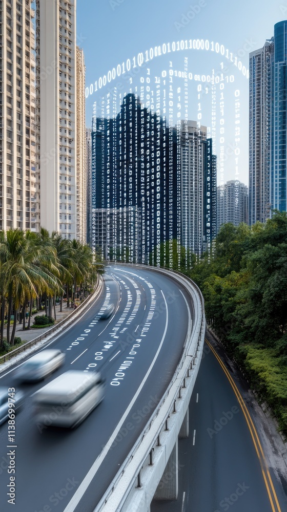 A vibrant city skyline illustrates the integration of technology with binary code overlaying modern buildings under a sunny sky A vibrant city skyline illustrates the integration of technology with binary code overlaying modern buildings under a sunny sky