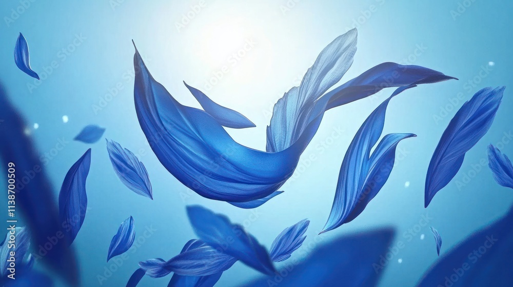 Fototapeta premium Blue flowing fabric or petals.
