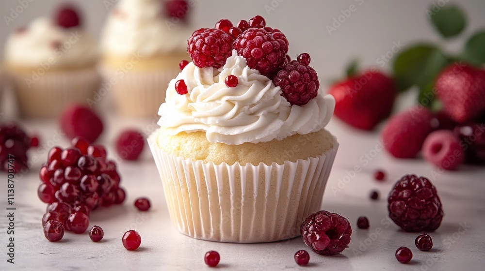 Delightful Cupcake Topped with Creamy Frosting and Fresh Raspberries, Surrounded by Juicy Berries on a Marble Surface for a Tempting Dessert Concept