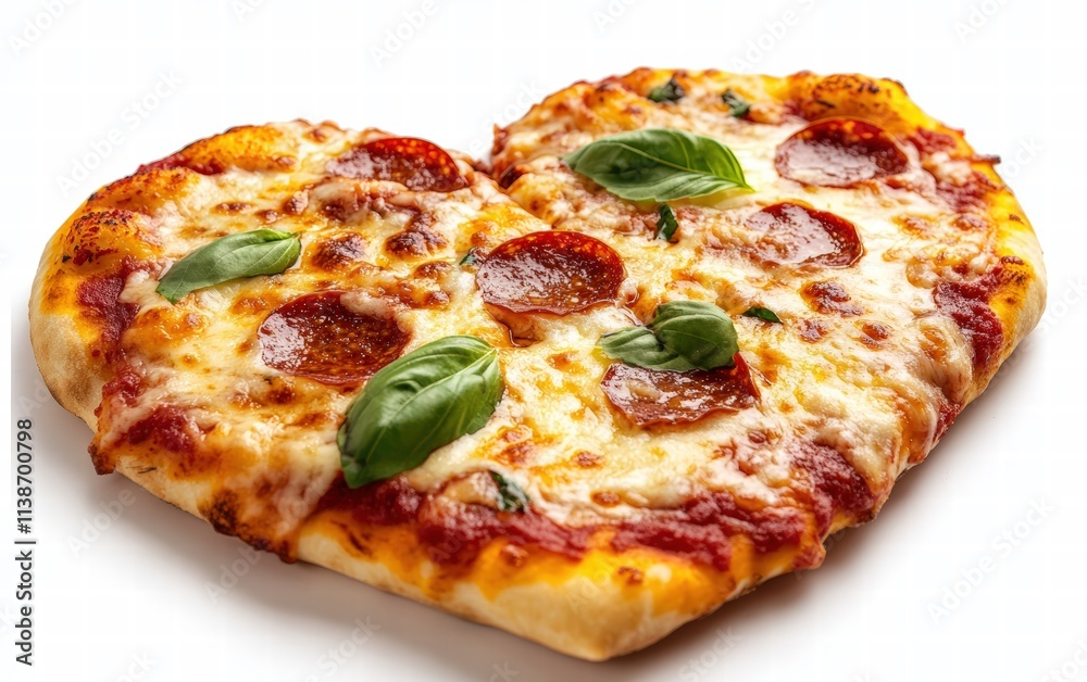 A heart-shaped pizza with melted cheese, pepperoni, and basil, resting on a clean white surface A heart-shaped pizza with melted cheese, pepperoni, and basil, resting on a clean white surface