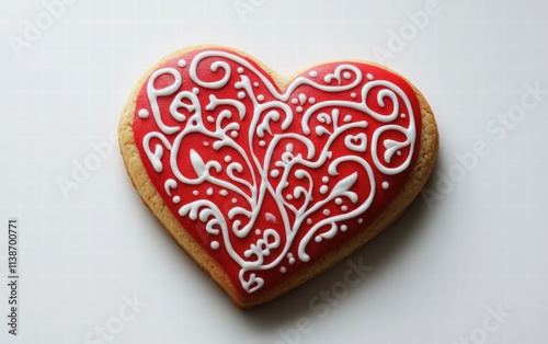 A heart-shaped cookie with red icing and intricate white patterns, designed for Valentines Day, glowing softly on a white background
