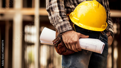 Photo of a male builder, wearing a construction helmet and holding a blueprint