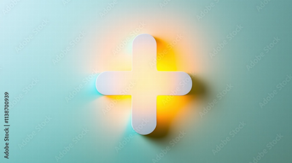 Obraz premium Glowing medical cross symbol on teal background with warm yellow light. Healthcare concept
