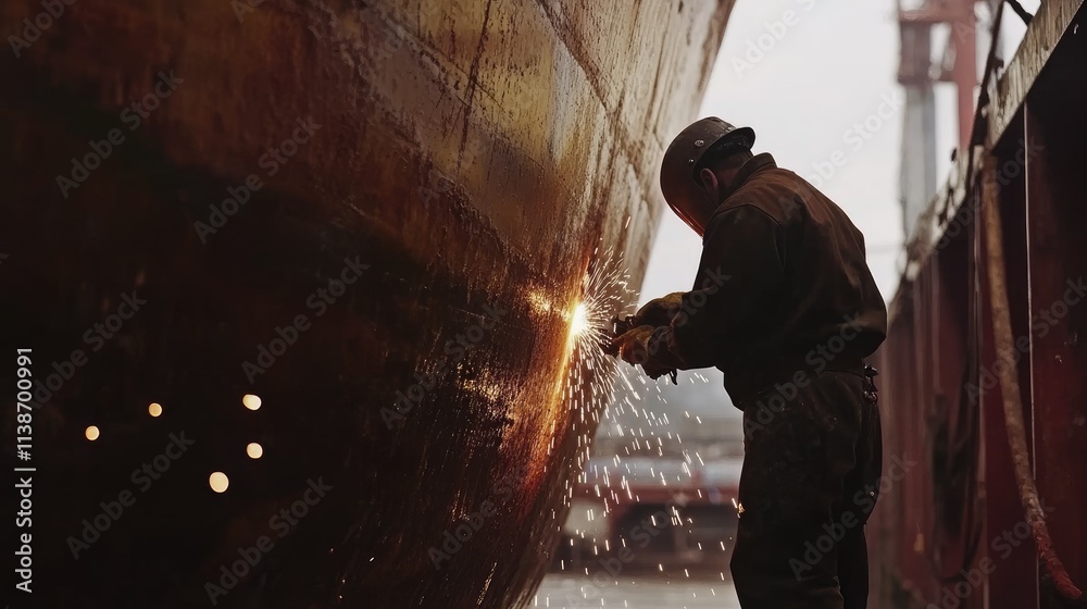 Fototapeta premium Worker Welding a Ship Hull in a Shipyard Under Dim Light Conditions