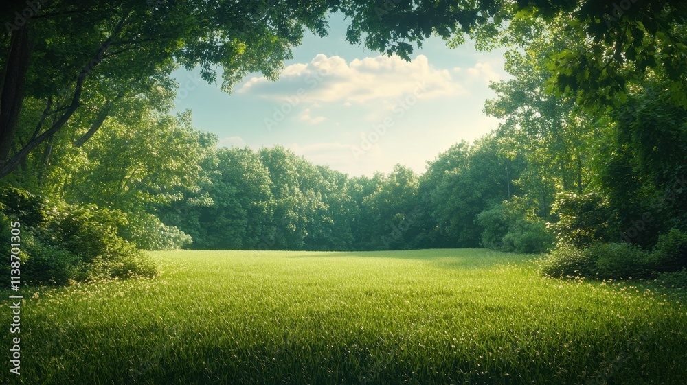 Obraz premium Serene meadow surrounded by majestic oak trees nature scene tranquil environment wide angle view