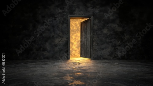 Mysterious open door revealing warm light concrete floor indoor setting enigmatic atmosphere perspective view