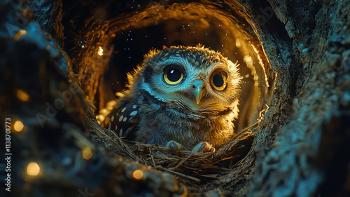 A baby owl peeking out of its nest in a hollow tree under a clear night sky.