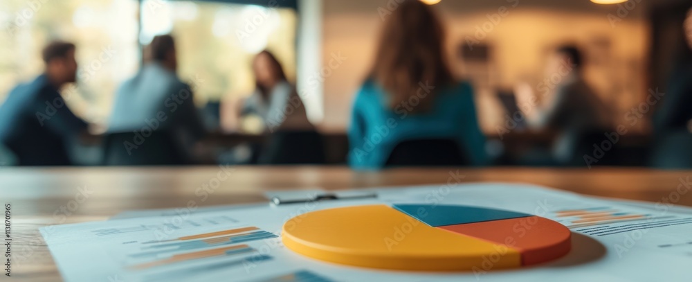 Pie chart and data with a blurred meeting background. Pie chart and data with a blurred meeting background.
