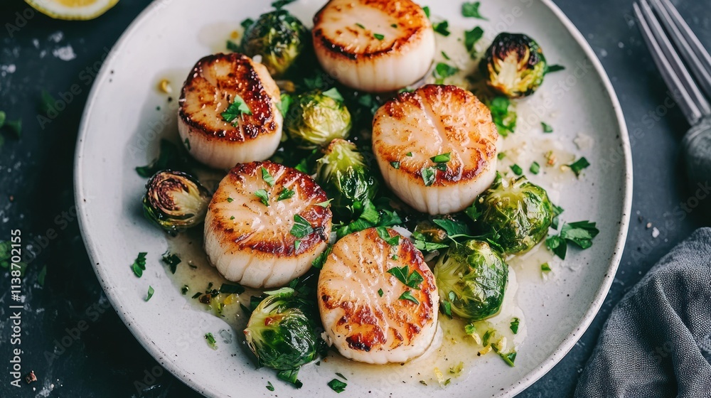 Seared scallops, brussels sprouts, parsley on plate.