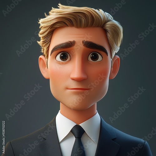 Professional 3D cartoon headshot of a blonde male in a suit with a neutral expression