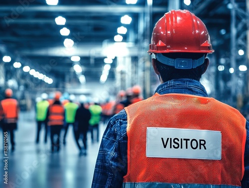 Male visitor wearing a safety vest and helmet in a busy industrial setting. photo