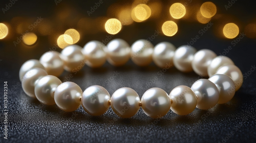 Elegant Pearl Bracelet Against Glowing Golden Bokeh Background Elegant Pearl Bracelet Against Glowing Golden Bokeh Background