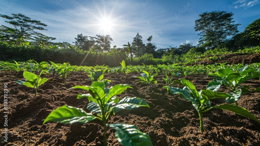 Sunlit field with young crops, and blue sky. Sunlit field with young crops, and blue sky.