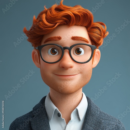 3D cartoon headshot of a professional man with red hair and glasses in a modern setting