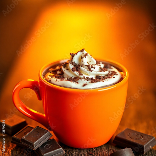 Cup of cocoa closeup, this hot comforting classic hot chocolate served with whipped cream and chocolate shavings. Chocolate candy bars sections on the side with a wood surface and dynamic lighting.  