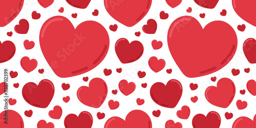 Romantic Valentine's Day pattern with red heart on white isolated background. Cute bright hearts - love symbols in vector festive valentine's style. For postcards, invitations, banners.