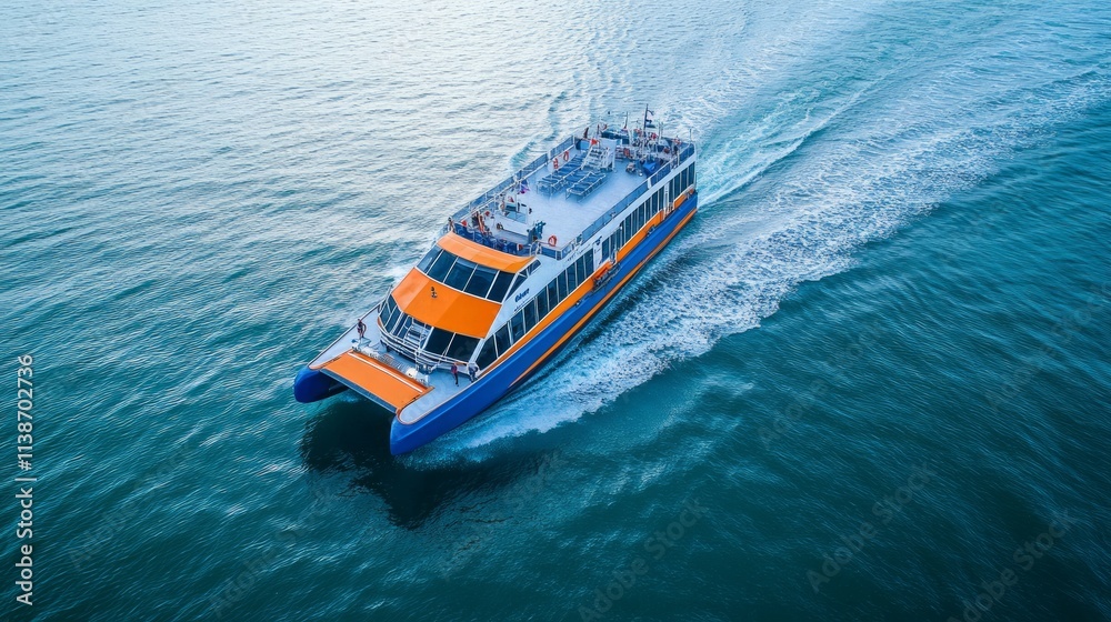 Fototapeta premium Ferry moves fast across calm blue ocean, creating a wake.