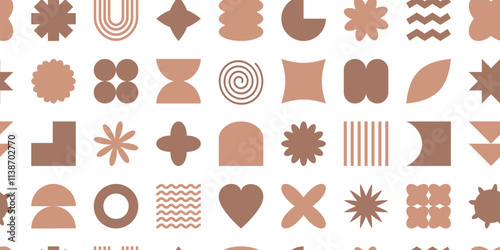 Geometric shape retro seamless pattern, mocha mousse color y2k background, modern funky print, simple groovy element repeat, futuristic form. Trendy colour 2025 year. Abstract vector illustration