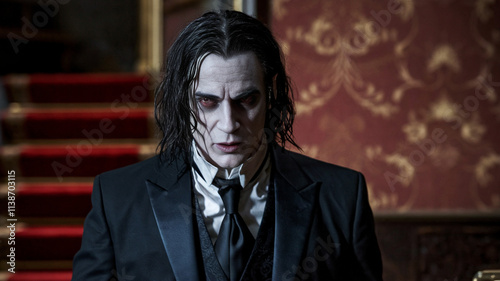 PaleFaced Vampire in Black Suit with Red Eyes photo