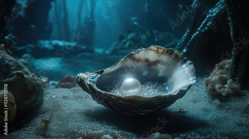 Underwater Scene with Oyster Shell and Shimmering Pearl