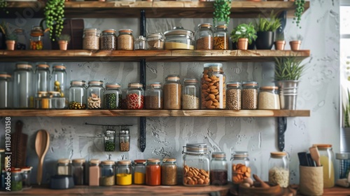Wallpaper Mural Rustic kitchen shelves with spices, jars, and plants Torontodigital.ca