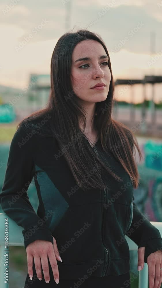 Vertical video, Pretty woman with freckles and loose brown hair wearing black sports hoodie stands on bridge and looks away turns her head to the camera and smiles Vertical video, Pretty woman with freckles and loose brown hair wearing black sports hoodie stands on bridge and looks away turns her head to the camera and smiles