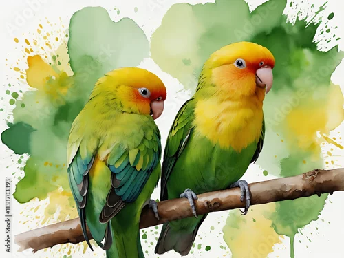 Obraz Żywy obraz akwarelowy przedstawiający dwie zielone i żółte papugi siedzące na gałęzi na kolorowym tle.

