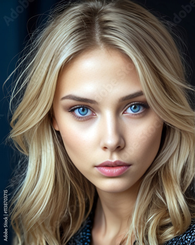 Close-up portrait of a young woman with striking blue eyes, smooth skin, and blonde wavy hair, set against a soft dark background. 