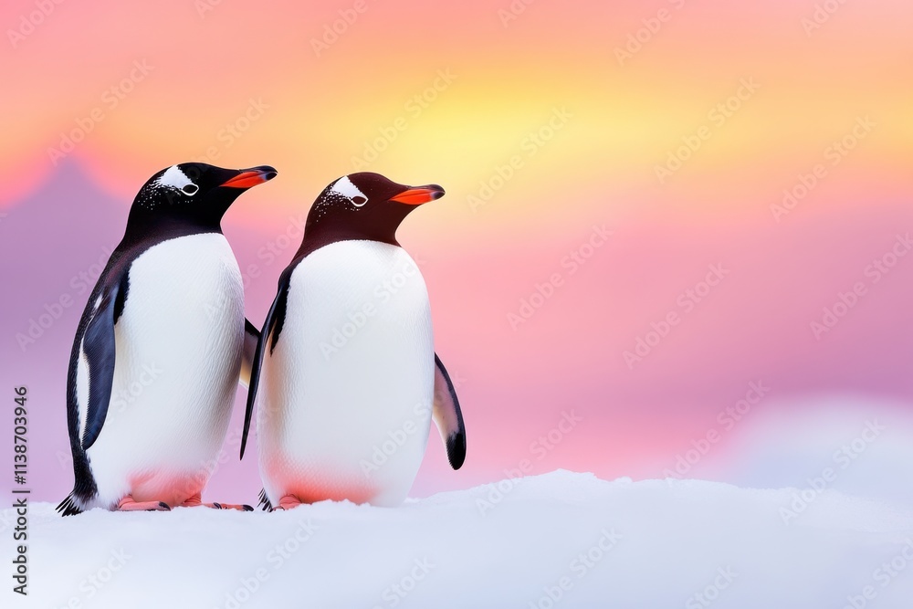 Fototapeta premium Pair of penguins enjoy a tranquil sunset on icy terrain with soft pink and orange hues reflecting on the snow