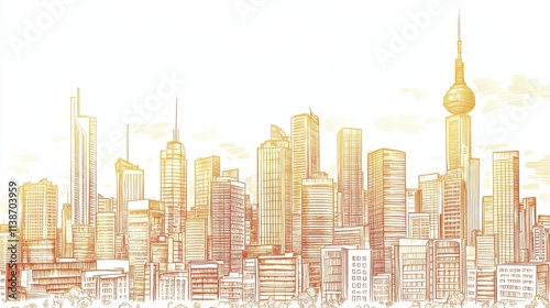Hand-Drawn Urban Skyline at Dusk with Cool Lighting
