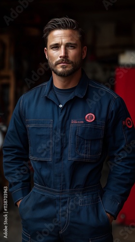 A professional mechanic in a blue jumpsuit posed on a red backdrop