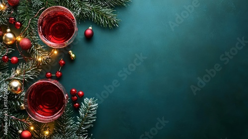 Festive drinks with ornaments, lights, greenery on a teal surface.
