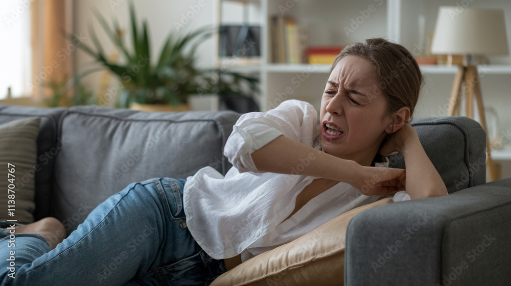 Woman Experiencing Pain on Couch in Living Room Woman Experiencing Pain on Couch in Living Room