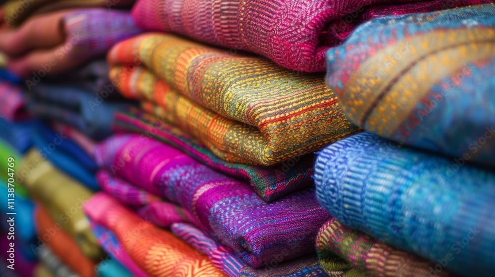 Colorful folded textiles displayed in a neat arrangement Colorful folded textiles displayed in a neat arrangement