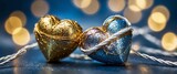 Dwie misterne, złote, druciane ozdoby w kształcie serc na teksturowanej powierzchni, z delikatnym efektem bokeh tworzą romantyczną atmosferę.

