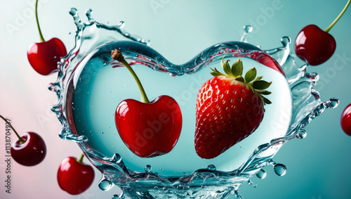 Fototapeta Naklejka Na Ścianę i Meble -  Vibrant fruits create an artistic splash in a heart-shaped water formation
