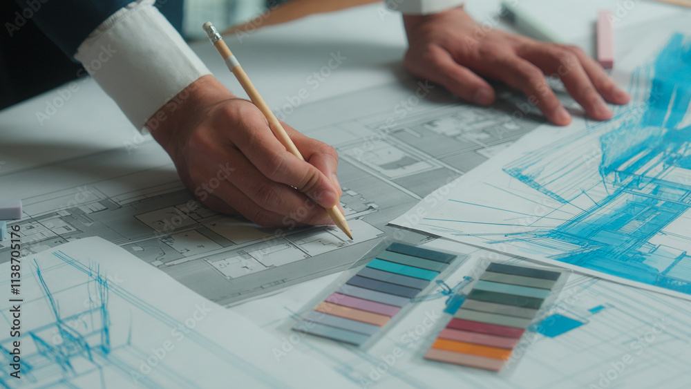 Indian business man designer architect engineer constructor drawing building plan sketch construction blueprint on desk male female team coworkers muslim women discuss architecture project in office Indian business man designer architect engineer constructor drawing building plan sketch construction blueprint on desk male female team coworkers muslim women discuss architecture project in office