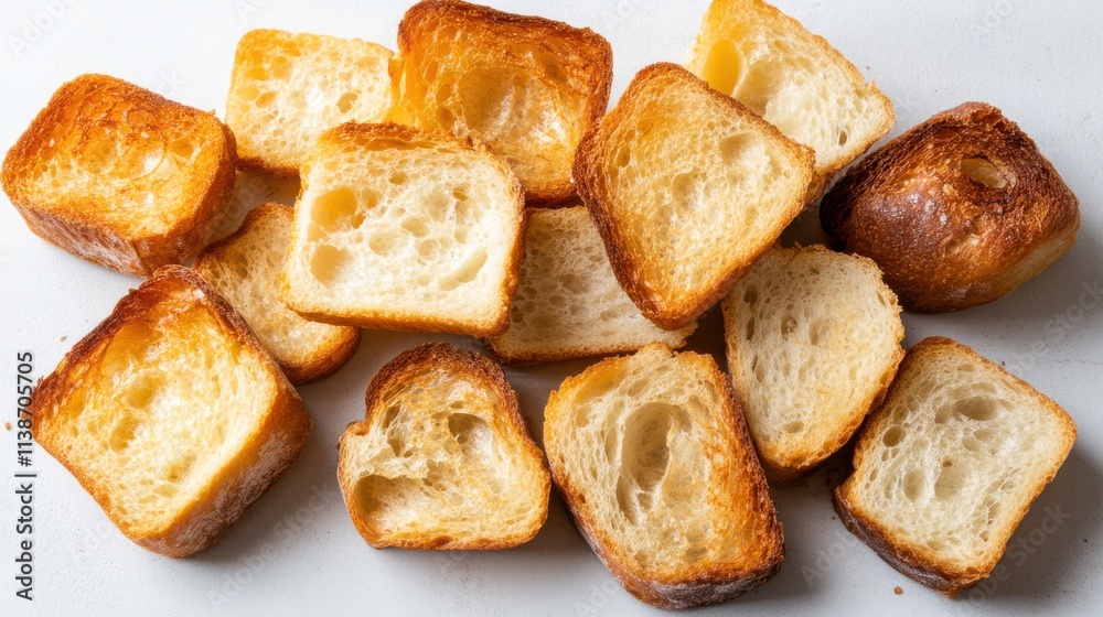 Golden-brown toasted bread pieces scattered across a white surface, highlighting their crispy texture and airy interiors. Golden-brown toasted bread pieces scattered across a white surface, highlighting their crispy texture and airy interiors.