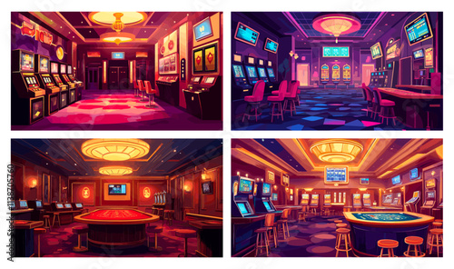 Casino interior. Gambling empty room with cards tables and game slot machines players chairs inside hall night poker club, fortune gamble play background cartoon vector illustration