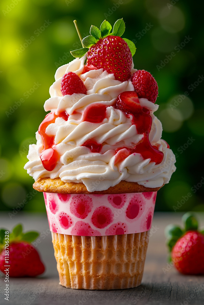A cupcake topped with whipped cream and strawberries on a table A cupcake topped with whipped cream and strawberries on a table
