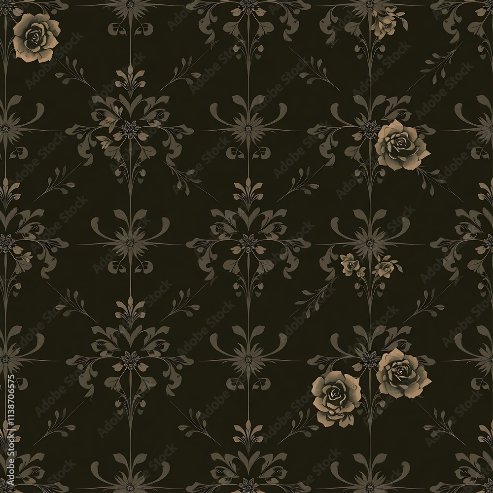 Dark Floral Damask Pattern:  Elegant and sophisticated, this seamless dark damask pattern features delicate roses and intricate scrollwork.